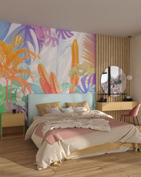 Tropische tapete mit bunten Pflanzen auf hellem Hintergrund für das Schlafzimmer