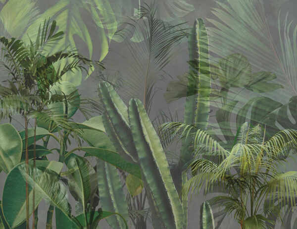 Tapete tropen mit grünen Pflanzen auf grauem Hintergrund