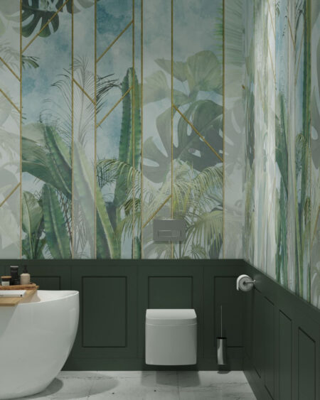 Fototapete mit tropischen Pflanzen und durchscheinenden Streifen mit goldenem Umriss fürs Badezimmer