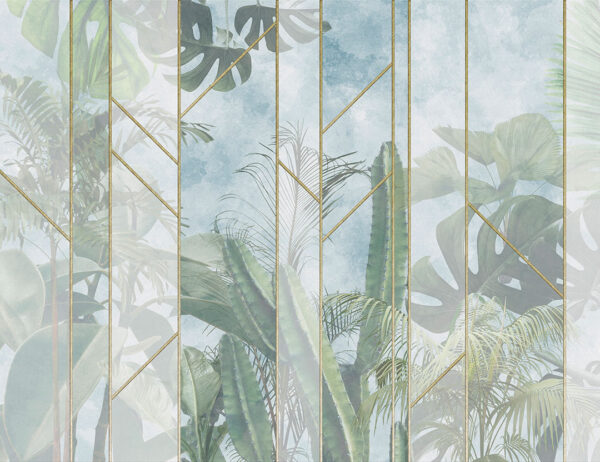 Fototapete mit tropischen Pflanzen und durchscheinenden Streifen mit goldenem Umriss auf himmlischem Hintergrund