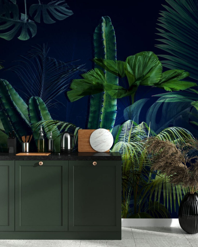 3D Tapeten mit tropischen Grünpflanzen auf dunkelblauem Hintergrund für die Küche
