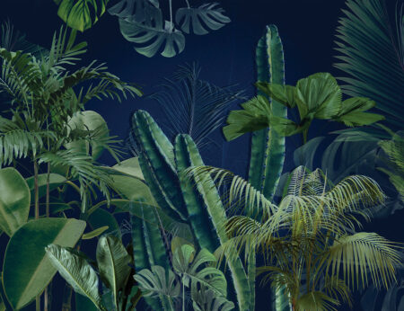 3D Tapeten mit tropischen Grünpflanzen auf dunkelblauem Hintergrund