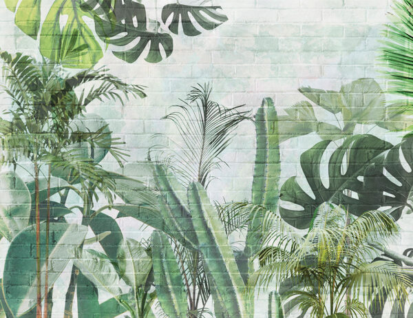 Fototapete mit tropischen Pflanzen auf einem strukturierten Hintergrund einer hellen Backsteinmauer