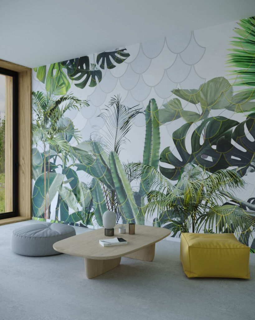 Tapete mit tropischen Pflanzen und der Textur durchscheinender Schuppen mit goldenem Umriss für Wohnzimmer