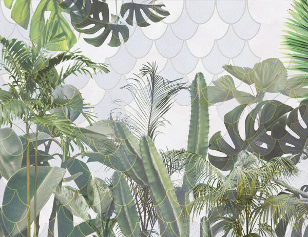 Tapete mit tropischen Pflanzen und der Textur durchscheinender Schuppen mit goldenem Umriss auf hellem Hintergrund