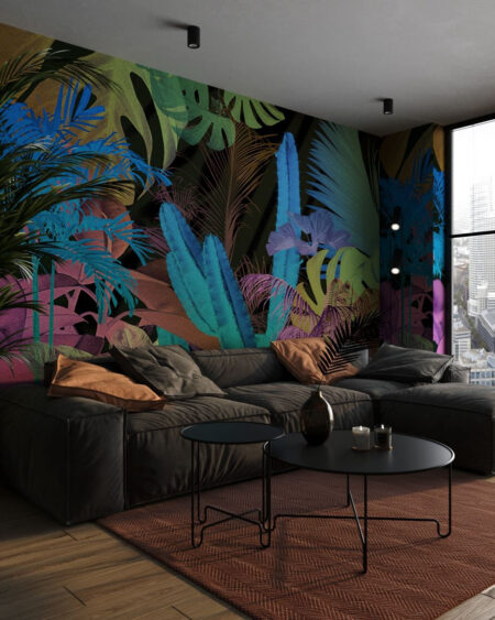 Tapete mit tropischen bunten Pflanzen auf dunklem Hintergrund für das Wohnzimmer