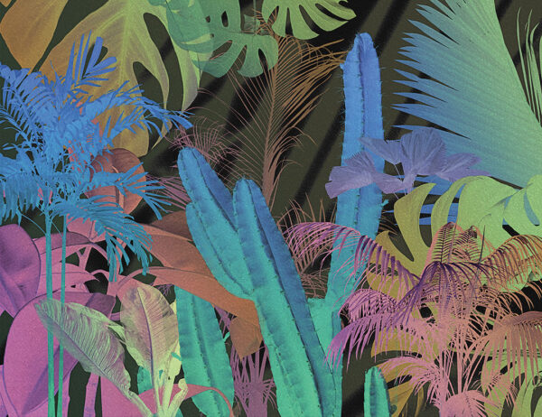 Tapete mit tropischen bunten Pflanzen auf dunklem Hintergrund