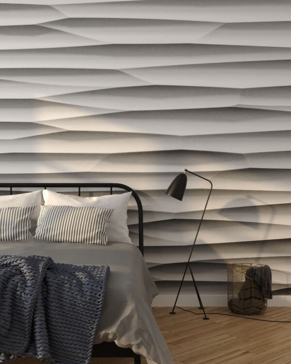 3D-Tapete mit Abstraktion unter der weißen Reliefstruktur des Putzes für das Schlafzimmer