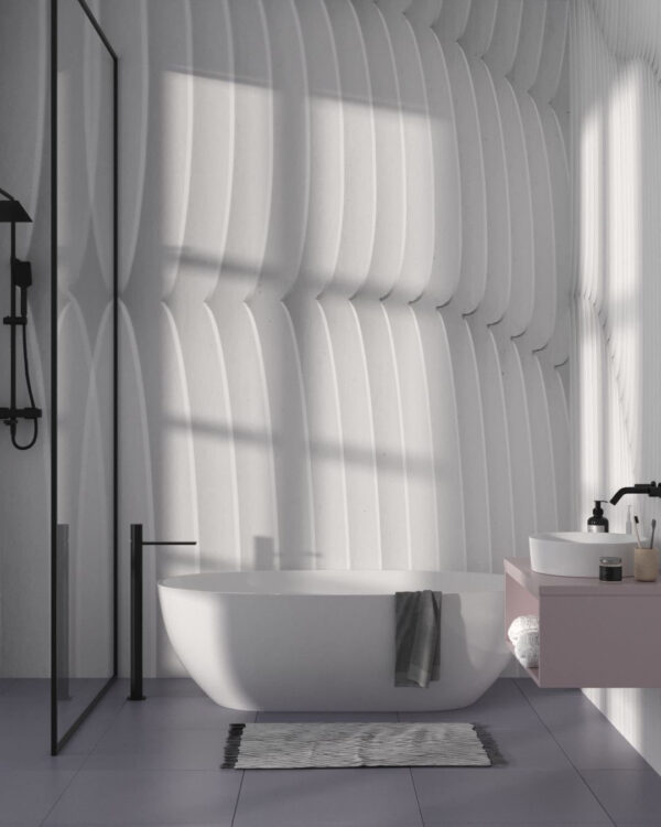 Fototapete mit abstrakter Textur aus geometrischen weißen Wellenformen für Badezimmer