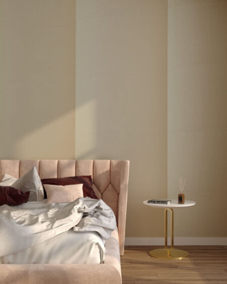 Fototapete mit geprägten geraden Linien auf beigem Hintergrund für das Schlafzimmer