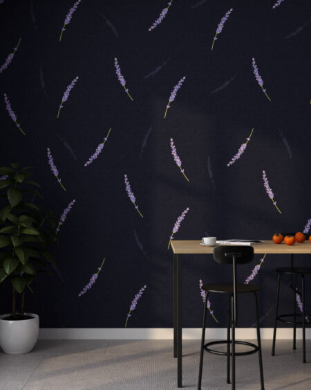 Designer Fototapeten Muster mit Lavendel auf strukturiertem lila-schwarzem Hintergrund für die Küche