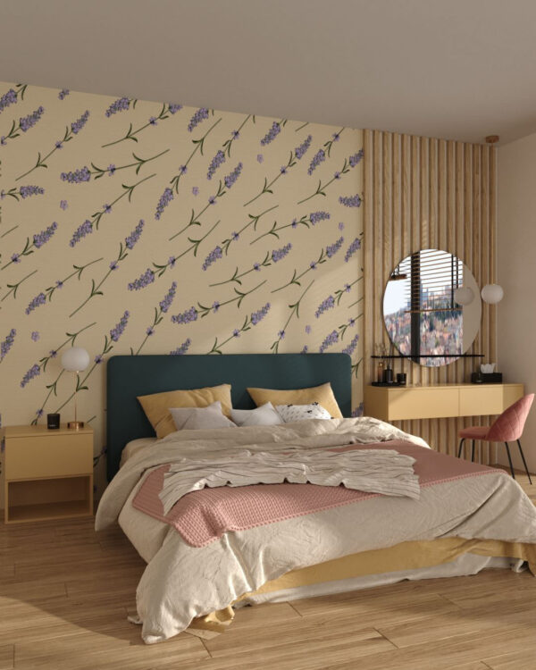 Designer Fototapeten Muster mit Lavendel auf beigem Hintergrund für das Schlafzimmer