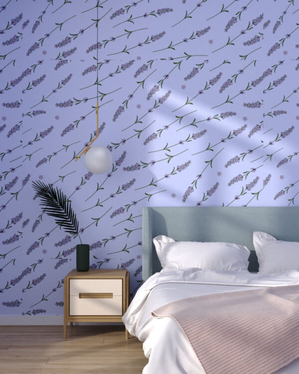Designer Fototapete Muster mit Lavendel auf helllila Hintergrund für das Schlafzimmer