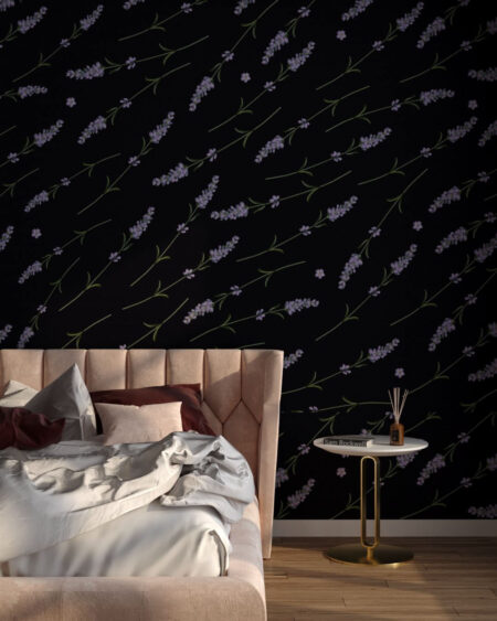 Designer Fototapeten Muster mit Lavendel auf strukturiertem schwarzem Hintergrund für das Schlafzimmer