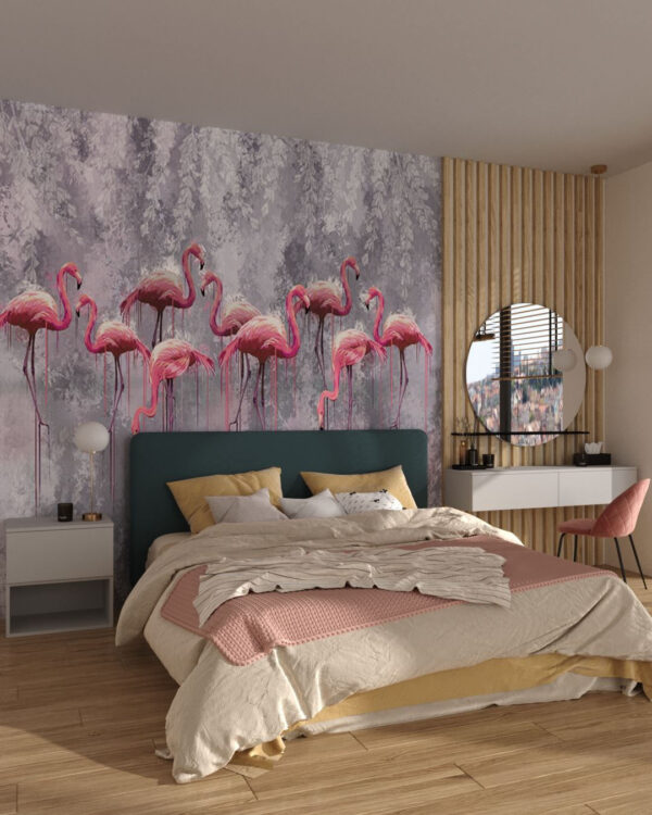 Exklusive Tapete mit rosa Flamingos für das Schlafzimmer