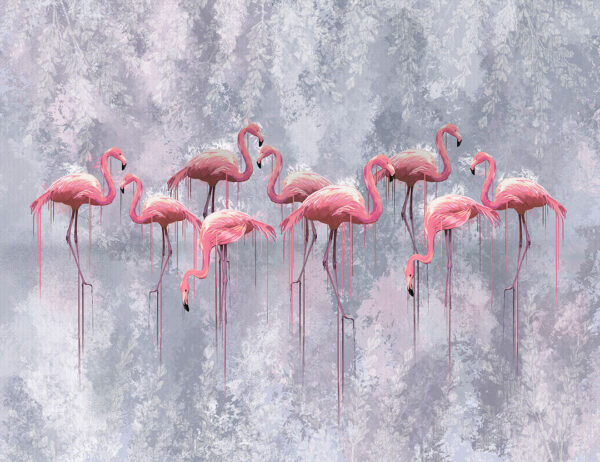 Exklusive Tapete mit rosa Flamingos auf grauem dekorativem mit Pflanzenkonturen