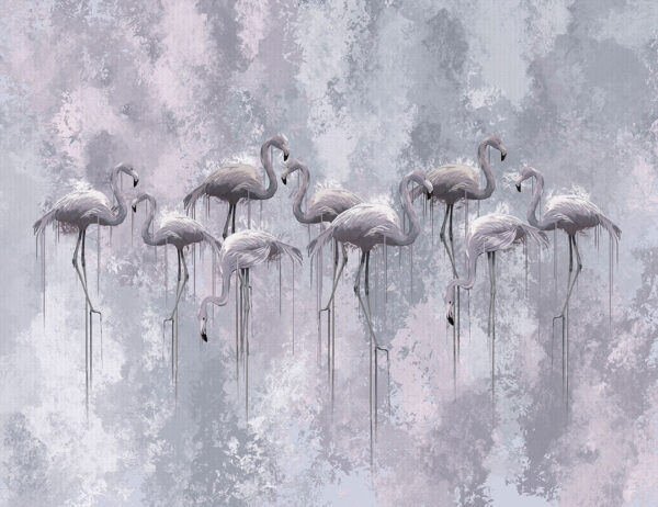 Exklusive Tapete mit grauen Flamingos auf dekorativem Hintergrund in Grau-Rosa-Tönen