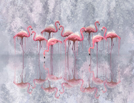 Tropische Fototapete mit einem Schwarm rosa Flamingos und ihrem Spiegelbild