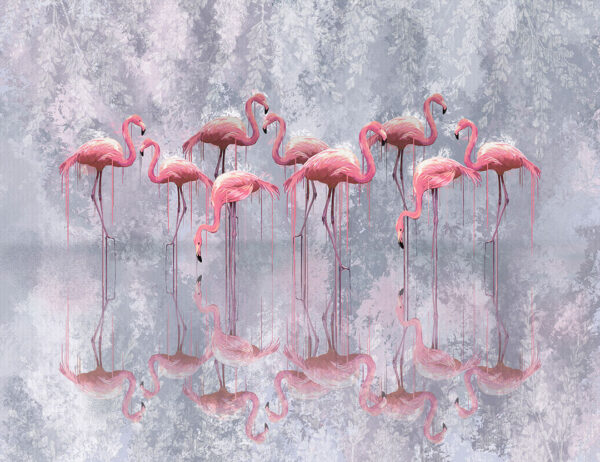Exklusive Tapete mit rosa Flamingos und deren Spiegelung auf einem grauen dekorativen Hintergrund mit Pflanzenkonturen