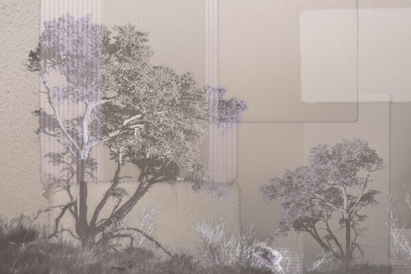 Fototapete mit Bäumen und Wildblumen auf grau-beigem Hintergrund mit strukturierter rechteckiger Geometrie