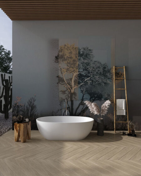 Fototapete mit Baum und Wildblumen mit strukturierter rechteckiger Geometrie für Badezimmer