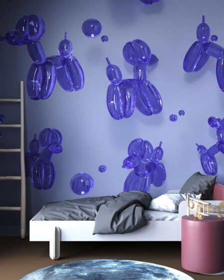 Exklusive Tapete mit lila Luftballons in Form von Hunden für das Kinderzimmer