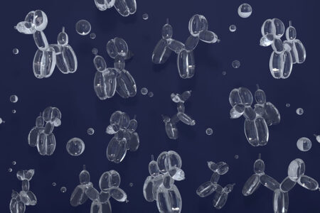 Transparente Luftballons in Hundeform auf marineblauem Hintergrund 3D-Fototapeten