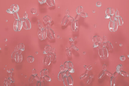 Transparente Luftballons in Hundeform auf purpurfarbenem Hintergrund 3D-Fototapete