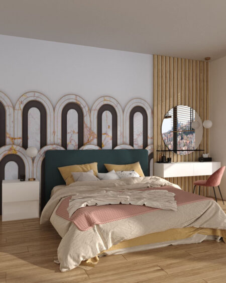 3D-Tapete mit Marmorstruktur auf geometrischen Bogen mit schwarzen und goldenen Konturen für das Schlafzimmer