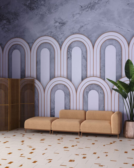 3D-Tapete mit geometrischen weißen Bögen mit goldenen Konturen für das Wohnzimmer