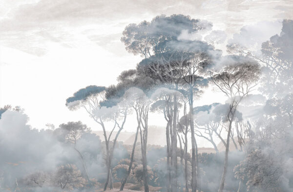 Fototapete mit Regenschirm Kiefern im Nebel auf dem Hintergrund einer Waldlandschaft