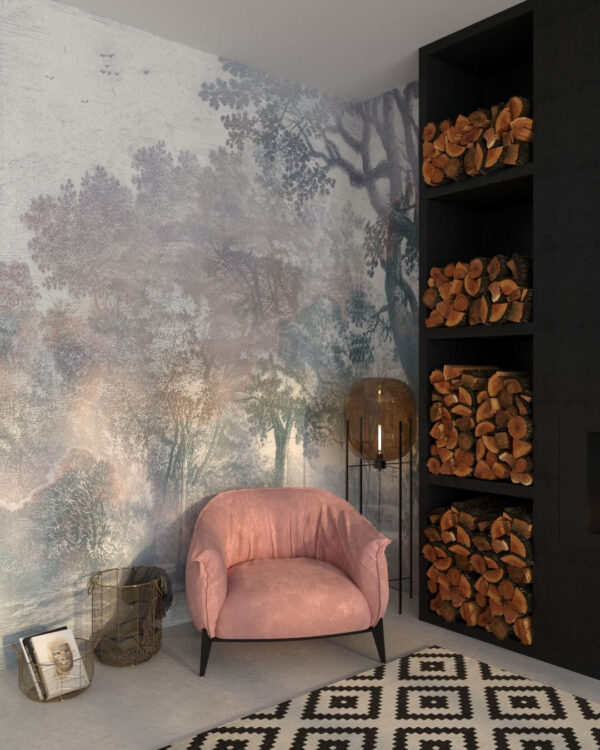 Fototapete Wald Nebel mit gravierten Bäumen für das Schlafzimmer