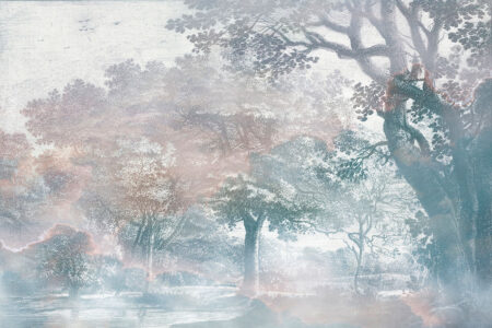 Fototapete Wald Nebel mit gravierten Bäumen