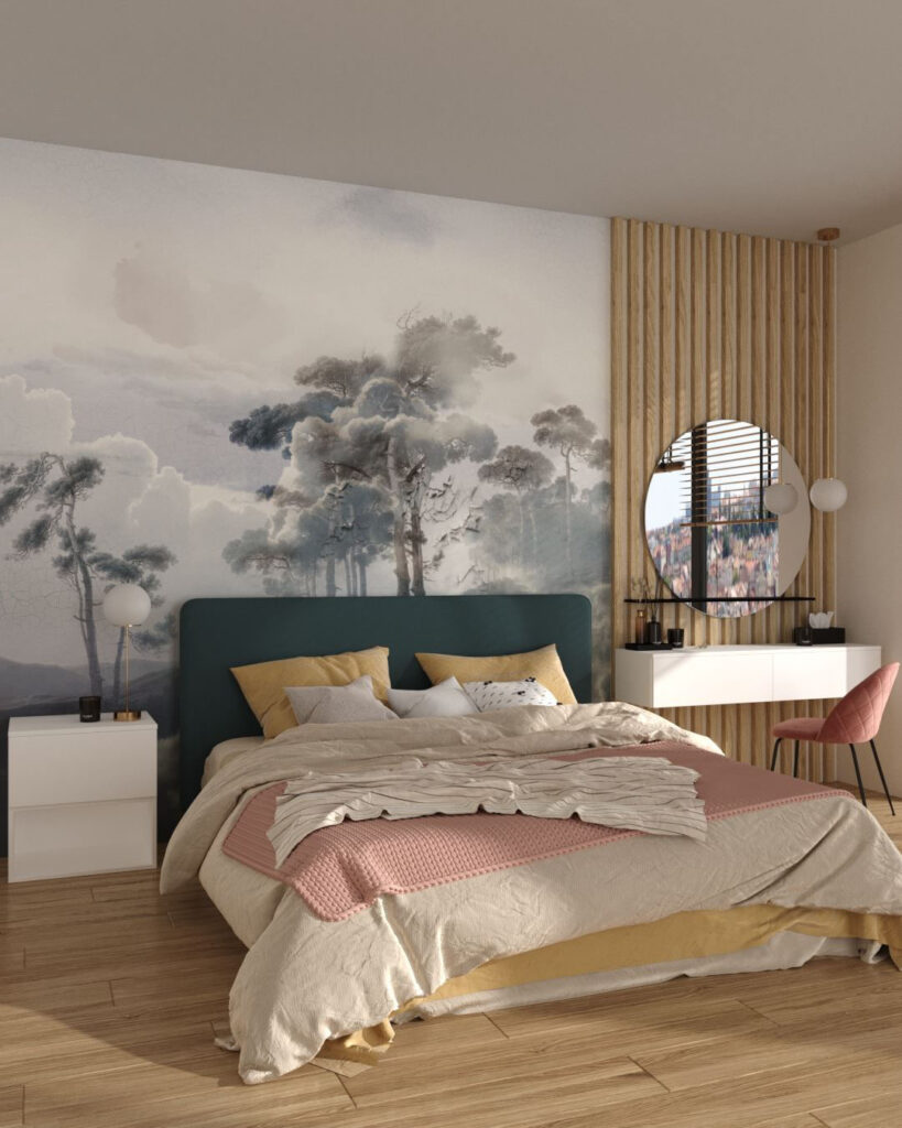 Fototapete mit Regenschirm Kiefern auf einem strukturierten Hintergrund für das Schlafzimmer