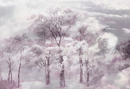 Fototapete mit gravierten Bäumen in dichtem Nebel auf strukturiertem Hintergrund