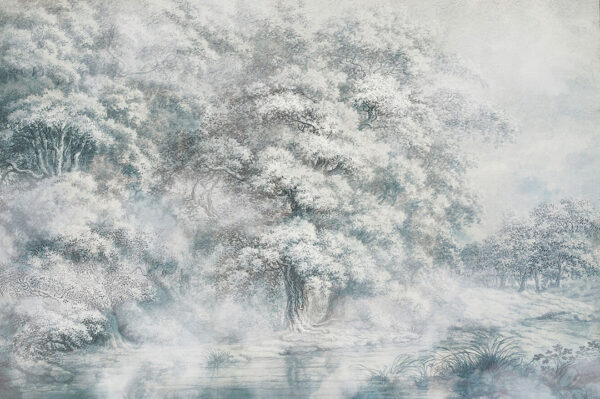 Vintage Tapete mit graviertem Wald und Fluss im Nebel auf strukturiertem Hintergrund