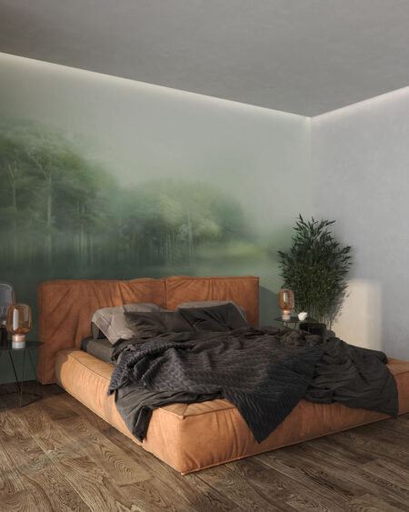Fototapete mit einem grünen Wald in dichtem Nebel und einem Fluss für das Schlafzimmer