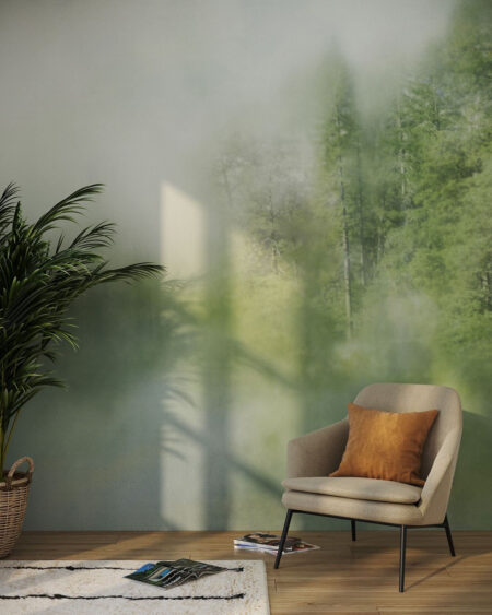 Fototapete Grüner Wald im Nebel am Fluss für das Wohnzimmer