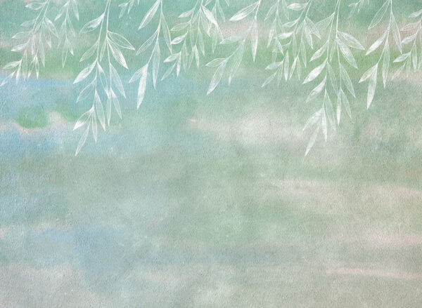 Designer Tapete mit gravierten Blättern auf strukturiertem dekorativem Hintergrund in hellgrünen Tönen
