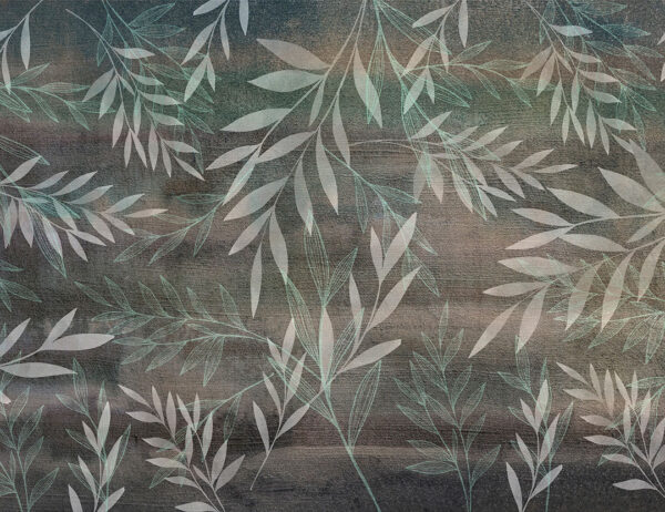 Designer Tapete mit gravierten dünnen grünen und durchscheinenden Zweigen mit Blättern auf dekorativem Hintergrund in Beige- und Schwarztönen
