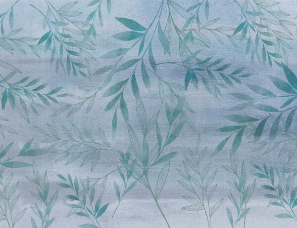Designer Tapete mit gravierten dünnen grünen Zweigen mit Blättern auf dekorativem Hintergrund in Blautönen