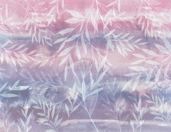 Designer Tapete mit gravierten dünnen durchscheinenden Zweigen mit Blättern auf rosa und lila Aquarellhintergrund