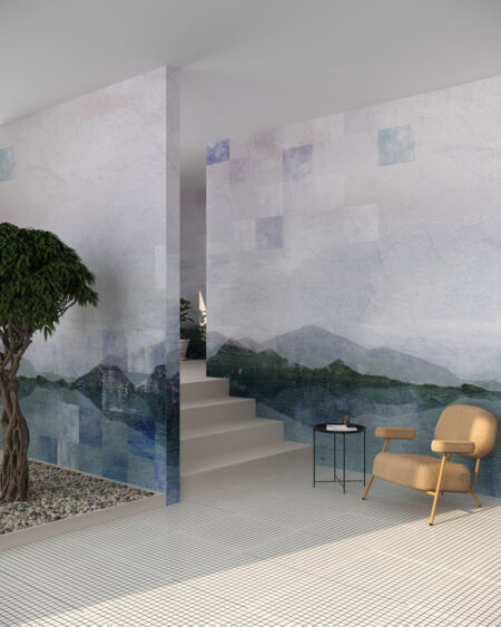 Fototapete mit Berglandschaft und Fluss auf strukturiertem Hintergrund mit quadratischer Geometrie fürs Wohnzimmer