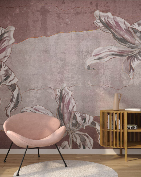 Exklusive Tapete mit großen gravierten Tulpen auf der Textur einer Betonwand für das Wohnzimmer
