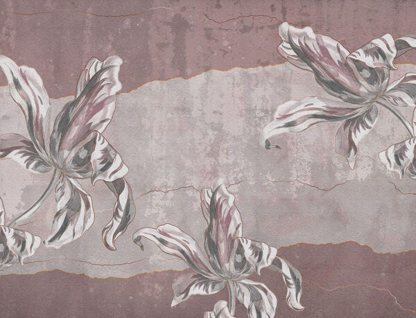 Exklusive Tapete mit großen gravierten Tulpen auf der Textur einer Betonwand in Beige- und Grautönen