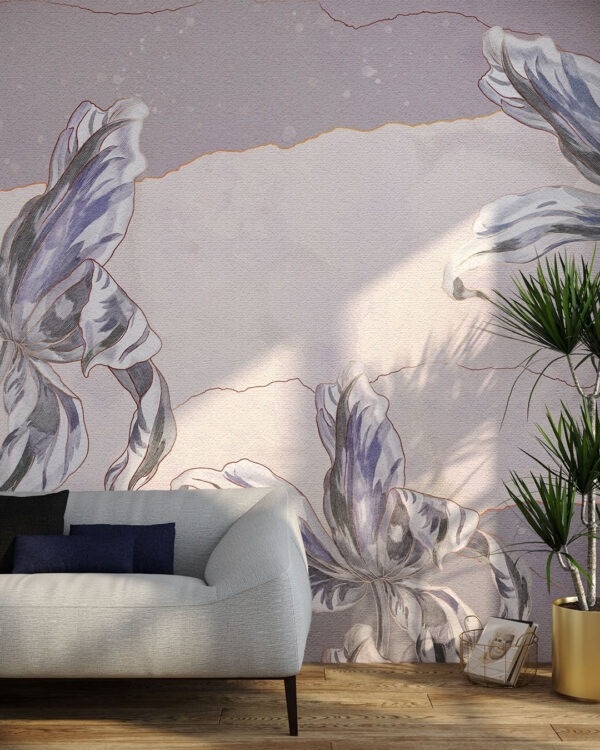 Exklusive Tapete mit großen gravierten Tulpen auf der Textur von Dekorputz fürs Wohnzimmer