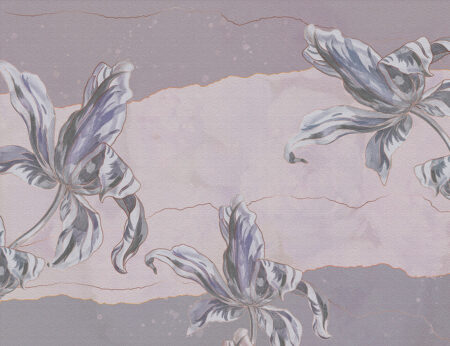 Exklusive Tapete mit großen gravierten Tulpen auf der Textur von Dekorputz in hellen Lila- und Grautönen