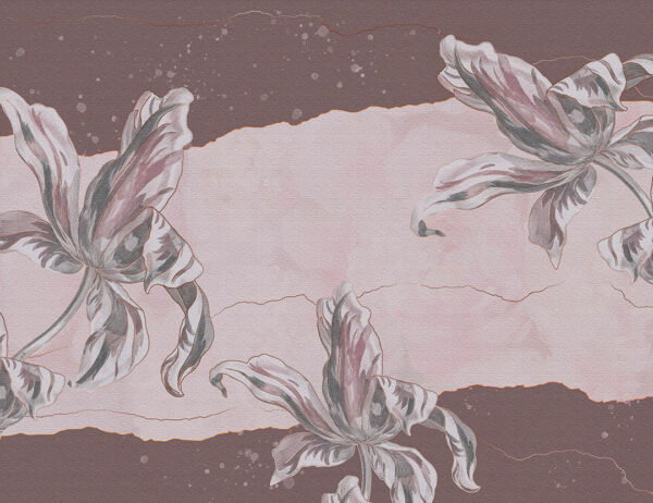 Exklusive Tapete mit großen gravierten Tulpen auf der Textur von Dekorputz in Braun- und Grautönen