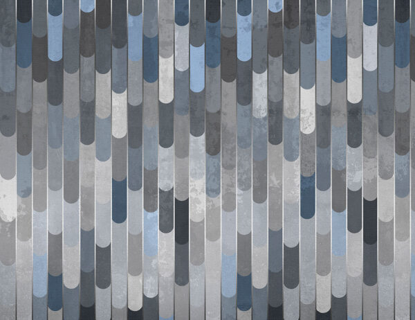 Art Deco Tapete mit geraden Silberlinien und geometrisch abgerundeten Formen in Grau-, Blau- und dunklen Tönen