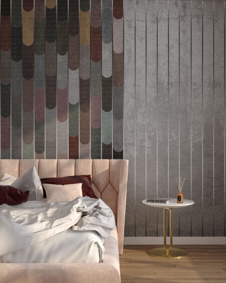 Art Deco Tapete mit geraden silbernen Streifen mit Konturen und geometrische abgerundete Formen für das Schlafzimmer